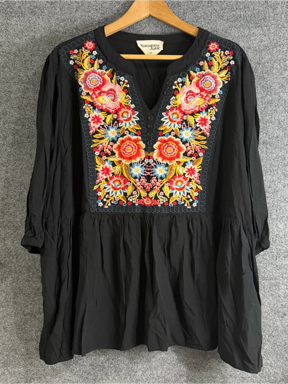 Savanna Jane Womens 2X Black Floral Embroidered Boho Peasant Babydoll Tunic Top